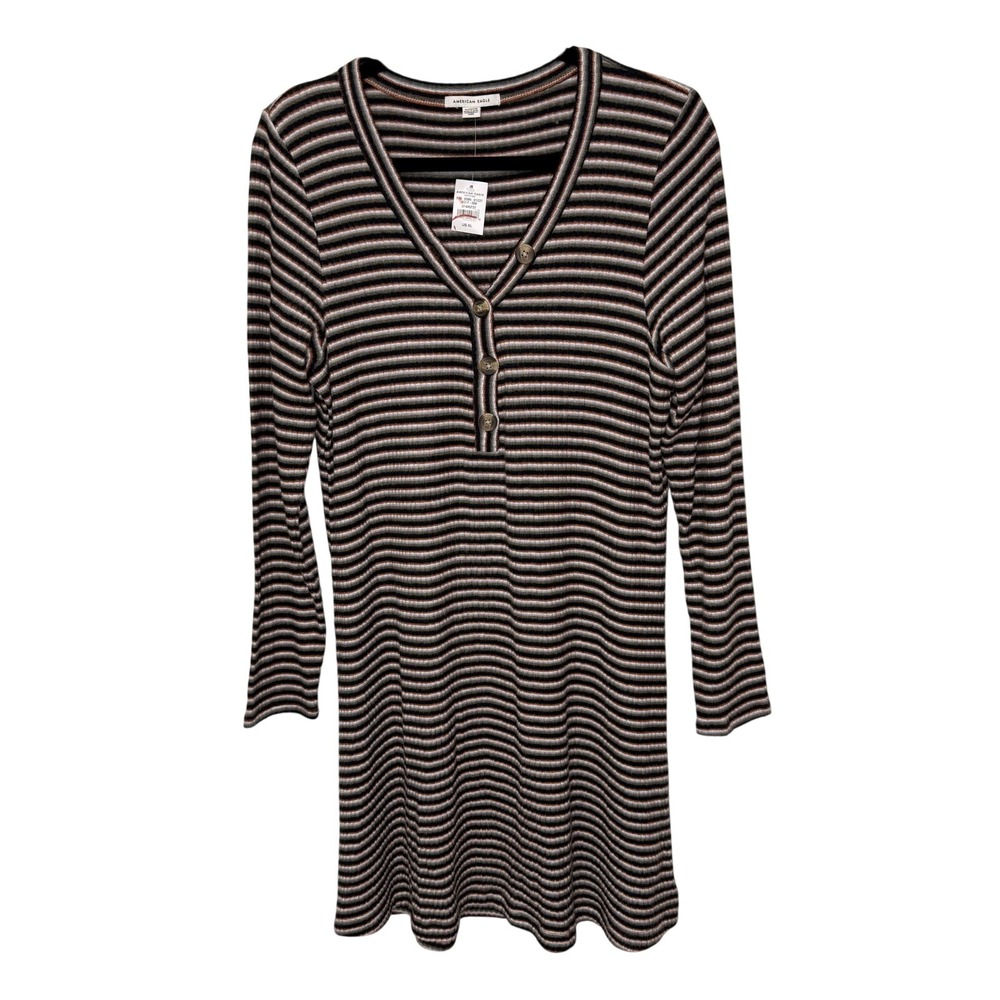 American Eagle Outfitters Striped Ribbed Henley Long Sleeve Dress XL New